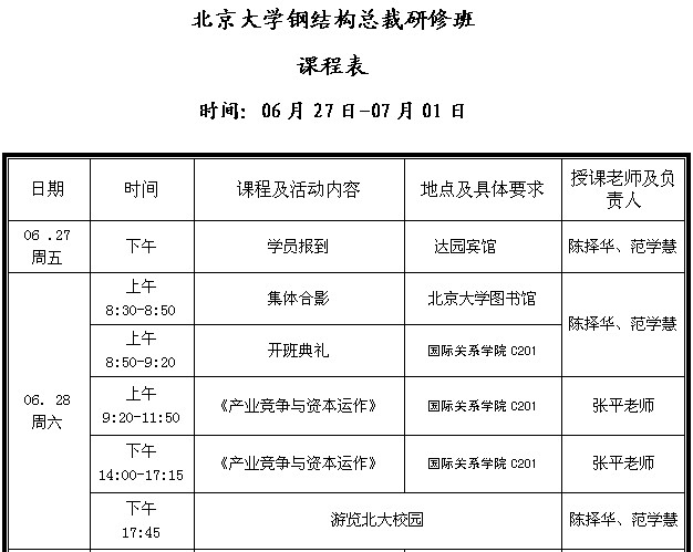 北京大學(xué)鋼結構總裁研修班課程表